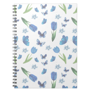 Caderno Espiral Padrão contínuo de Tulipa Azul e Borboleta