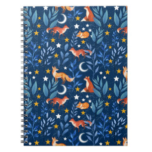 Caderno Espiral Padrão contínuo Floresta Noturna da Raposa Celesti