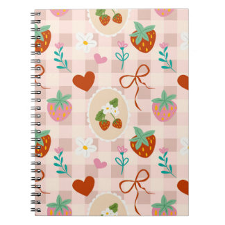 Caderno Espiral Padrão contínuo xadrez de morango fofo