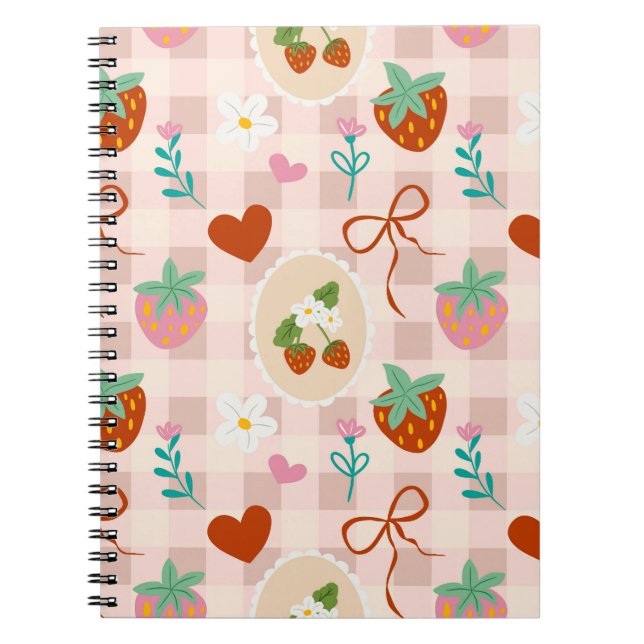 Caderno Espiral Padrão contínuo xadrez de morango fofo (Frente)