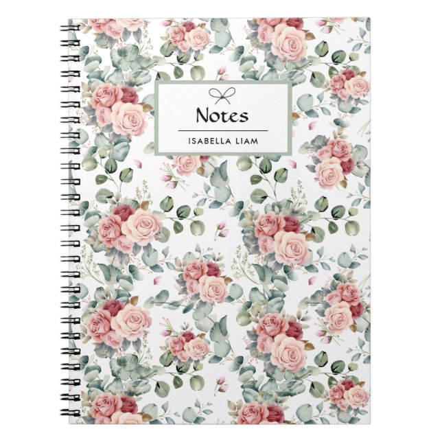 Caderno Espiral Padrão das flores cor-de-água verde-rosa (Frente)