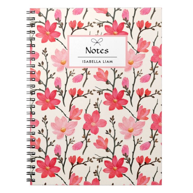 Caderno Espiral Padrão das flores cor-de-água verde-rosa (Frente)