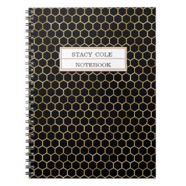 Caderno Espiral Padrão de abelhas Dourada de Honeycomb Preto e Bon