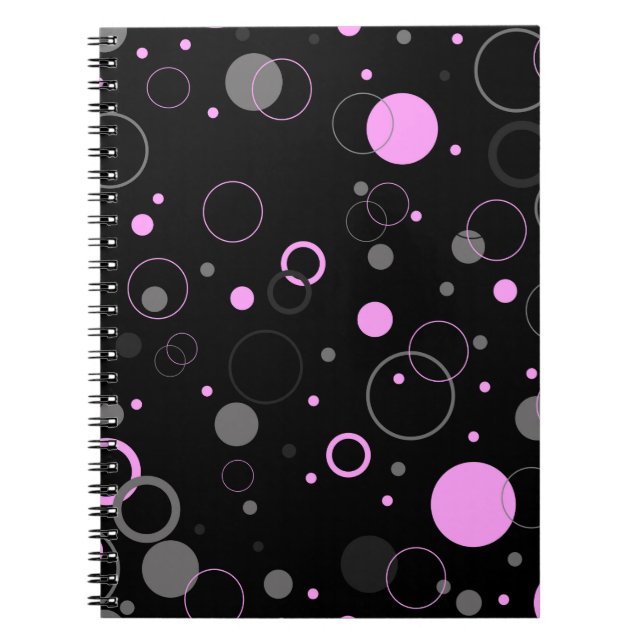 Caderno Espiral Padrão de abstrato de Cinza cor rosa com círculos. (Frente)