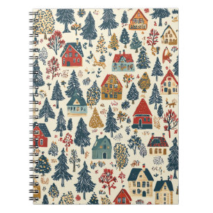 Caderno Espiral Padrão de Aldeia de Natal Woodland Vermelho Marinh