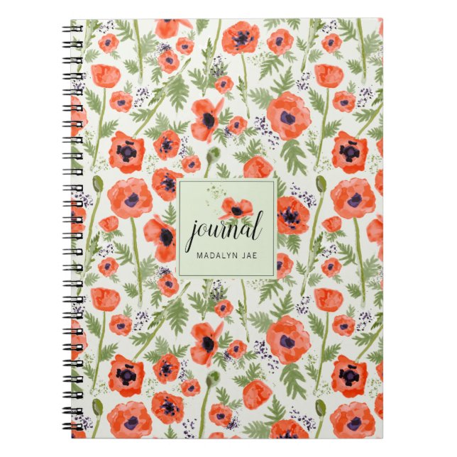 Caderno Espiral Padrão de Aquarela das Flores Vermelhas Laranja (Frente)