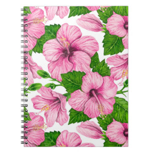 Caderno Espiral Padrão de aquarela de hibisco rosa