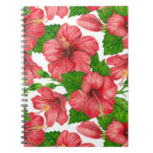 Caderno Espiral Padrão de aquarela de hibisco vermelho