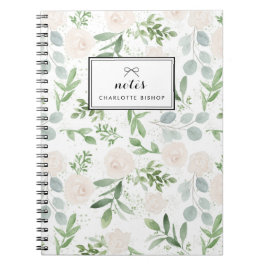 Caderno Espiral Padrão de Aquarela Verde e Flores Brancas