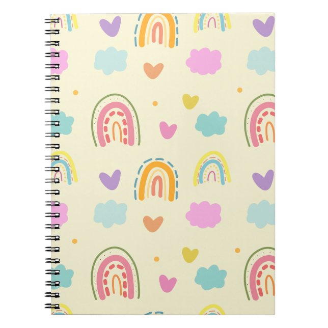 Caderno Espiral "Padrão de Arco-íris Pastel e Nuvens" (Frente)