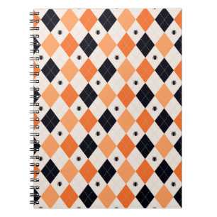Caderno Espiral Padrão de Argyle de Aranha Negra e Laranja do Hall