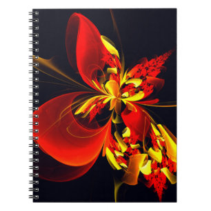 Caderno Espiral Padrão de Arte Abstrata Floral Amarelo Vermelho Mo