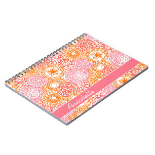 Caderno Espiral Padrão de Arte Floral Vermelha Cor-de-Rosa Persona