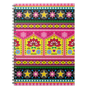 Caderno Espiral padrão de arte folclórica floral indiana,