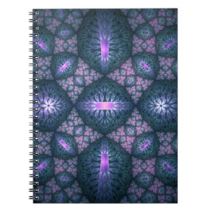 Caderno Espiral Padrão de Arte Fractal 3D Turquesa Roxo Rosa