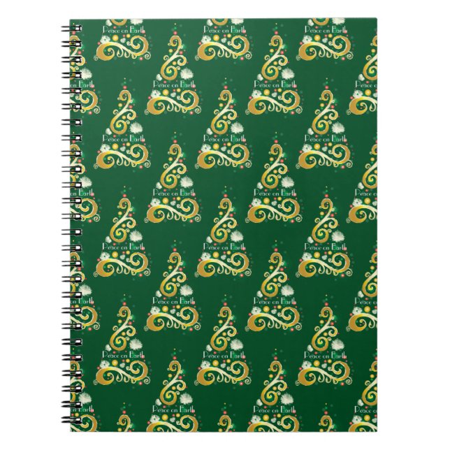 Caderno Espiral Padrão de árvore de Natal abstrato verde e dourado (Frente)