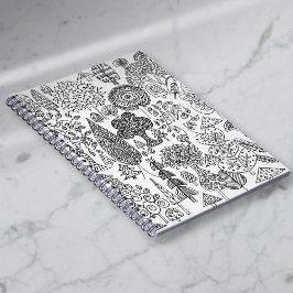 Caderno Espiral Padrão de Árvores Decorativas Pretas e Brancas Cap