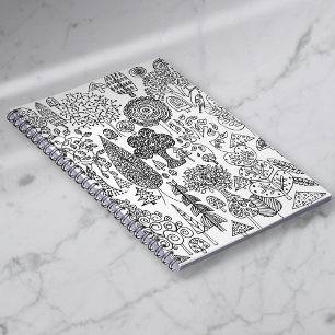 Caderno Espiral Padrão de Árvores Decorativas Pretas e Brancas Cap