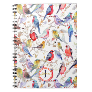 Caderno Espiral Padrão de Aves Aquáticas com Encantamento de Monog
