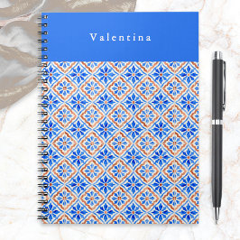 Caderno Espiral Padrão de Azulejo de Terracota Azul Mediterrâneo P