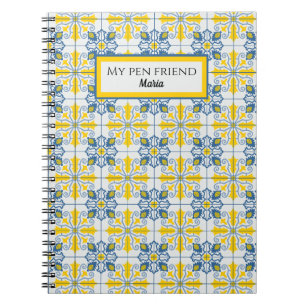 Caderno Espiral Padrão de azulejos bonito portugueses azuis e amar