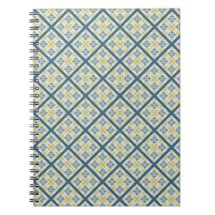 Caderno Espiral Padrão de azulejos bonito portugueses azuis e amar