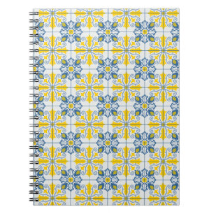 Caderno Espiral Padrão de azulejos bonito portugueses azuis e amar