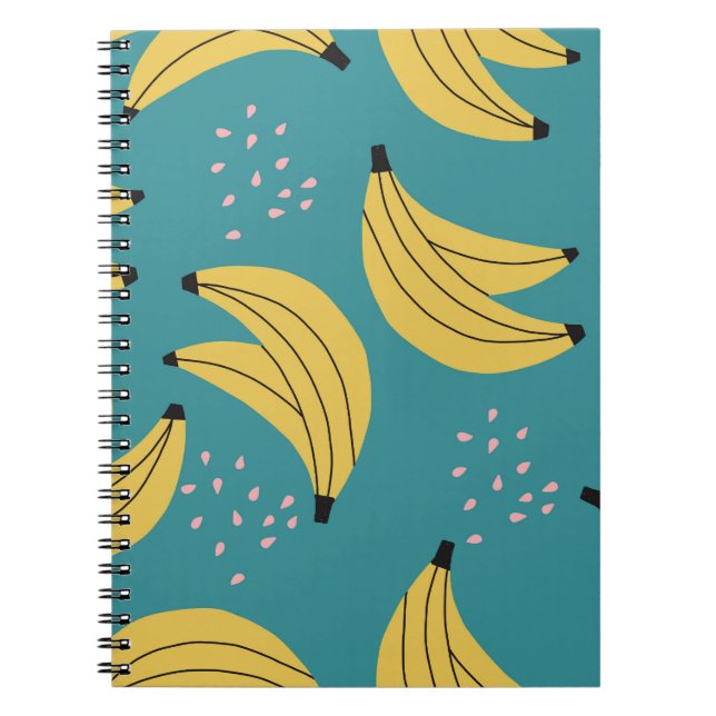 Caderno Espiral Padrão de banana da safra, fundo azul. (Frente)