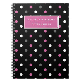 Caderno Espiral Padrão de Bolinhas Preto Cor-de-Rosa de Nome Perso