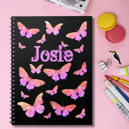 Caderno Espiral Padrão de borboleta adicionar nome cor-de-rosa e p