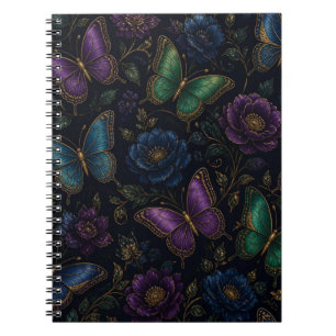 Caderno Espiral Padrão de Borboleta Elegante Escuro