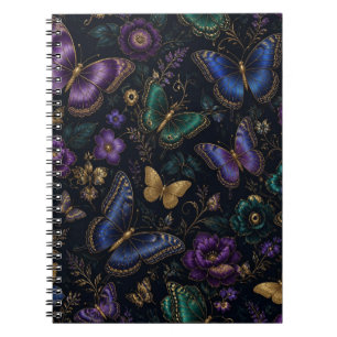 Caderno Espiral Padrão de Borboleta Elegante Escuro