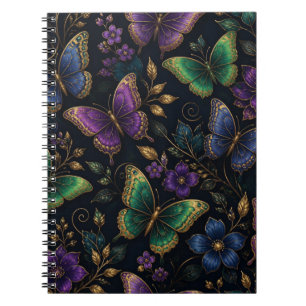 Caderno Espiral Padrão de Borboleta Elegante Escuro
