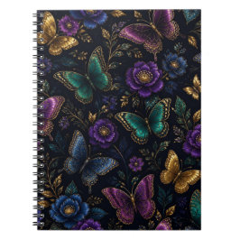 Caderno Espiral Padrão de Borboleta Elegante Escuro