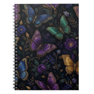 Caderno Espiral Padrão de Borboleta Elegante Escuro