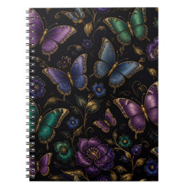 Caderno Espiral Padrão de Borboleta Elegante Escuro