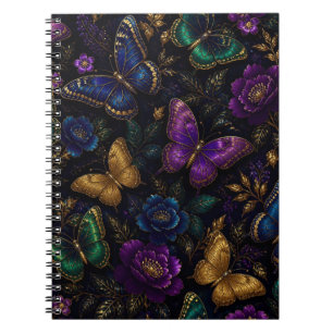 Caderno Espiral Padrão de Borboleta Elegante Escuro