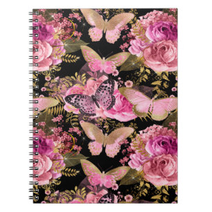 Caderno Espiral Padrão de Borboleta Floral de Folha Rosa e Dourada
