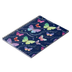 Caderno Espiral Padrão de Borboletas Chic Roxo Azul