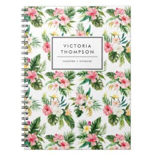 Caderno Espiral Padrão de Buquê de Flores Tropicais em Aquarela