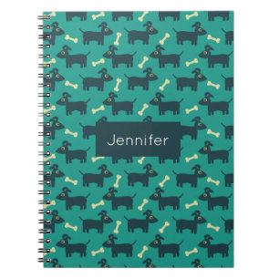 Caderno Espiral Padrão de Cachorro Bonito com Osso em Fundo Verde