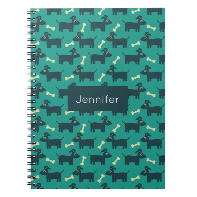 Caderno Espiral Padrão de Cachorro Bonito com Osso em Fundo Verde (Frente)