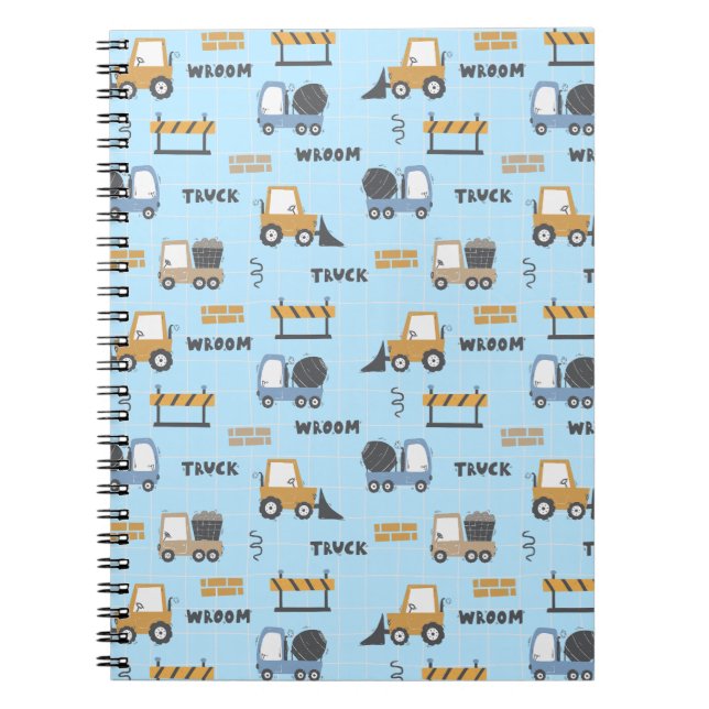 Caderno Espiral Padrão de Caminhões de Construção Azul (Frente)