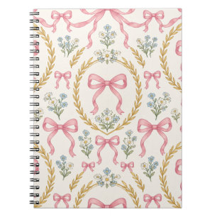 Caderno Espiral Padrão de casamento com laço rosa e coroa floral