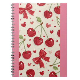 Caderno Espiral Padrão de Cereja e Laço Vermelho da Coquete Fofa 