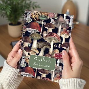 Caderno Espiral Padrão de Cogumelo Fungi Vermelho Preto Fofo