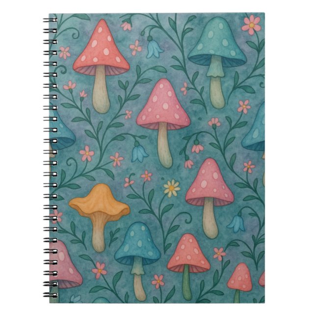 Caderno Espiral Padrão De Cogumelos De Cores Aquáticas Whimsical (Frente)