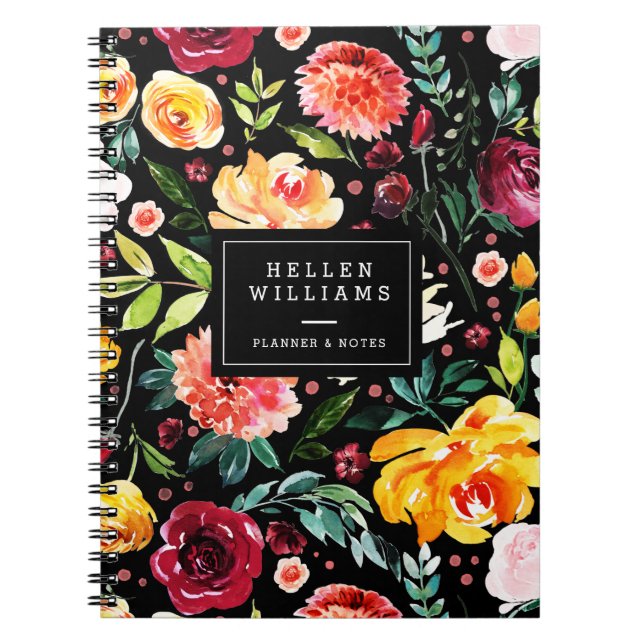 Caderno Espiral Padrão de colagem de flores em aquarelas ousadas (Frente)