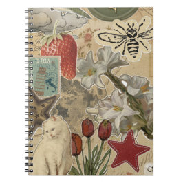 Caderno Espiral Padrão de Colagem Floral de Gato – Design Artístic