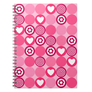 Caderno Espiral Padrão de Coração Rosa Fofo e Pontos de Flor do Di